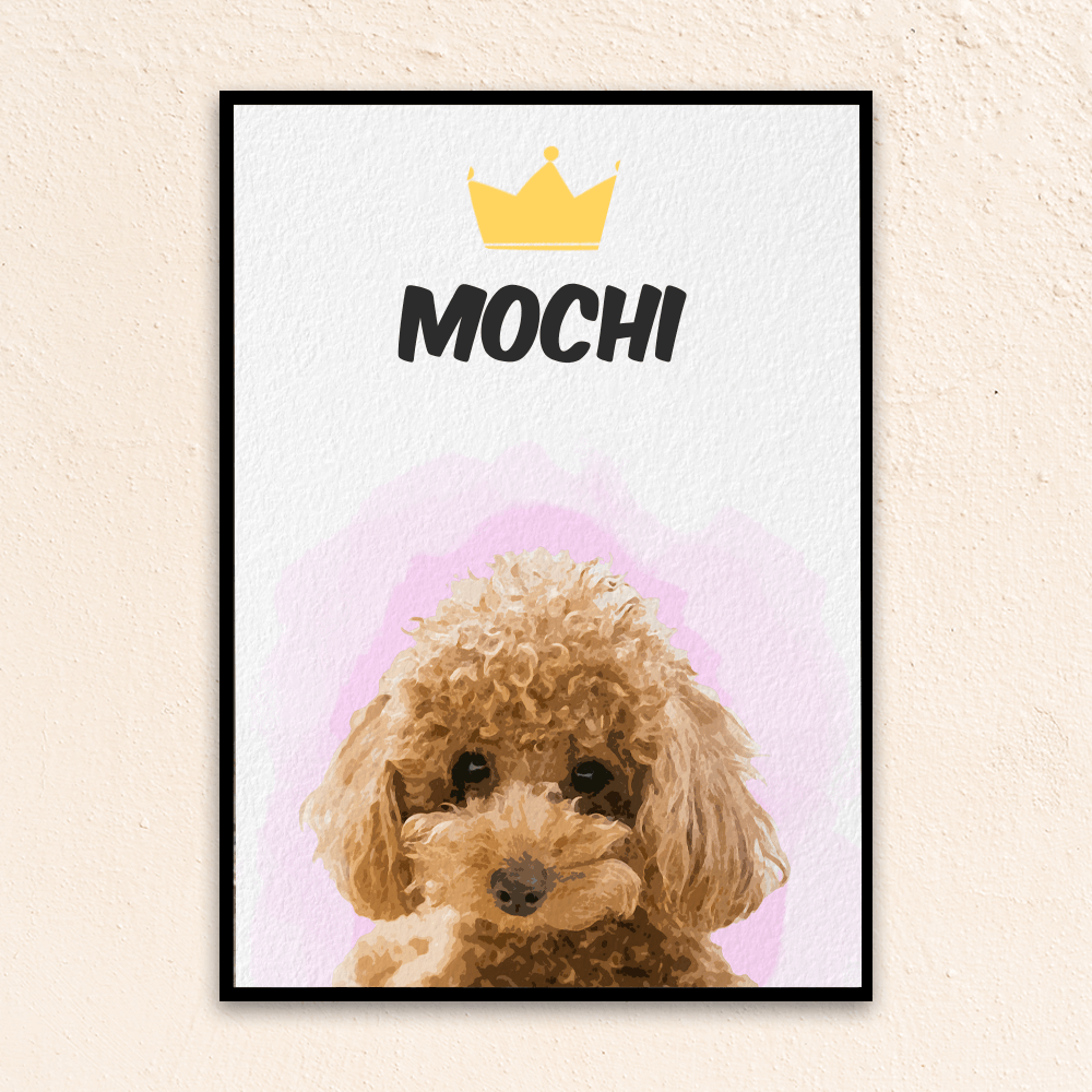 Custom watercolor pet portrait. Toy poodle pink watercolor background. Pet name at the top of the poster. Crown above pet name.