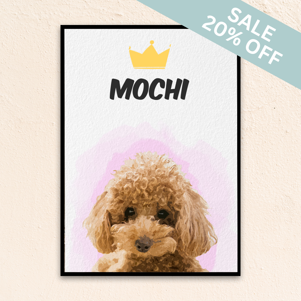 Custom watercolor pet portrait hallway wall art. Toy poodle pink watercolor background. Pet name at the top of the poster. Crown above pet name.
