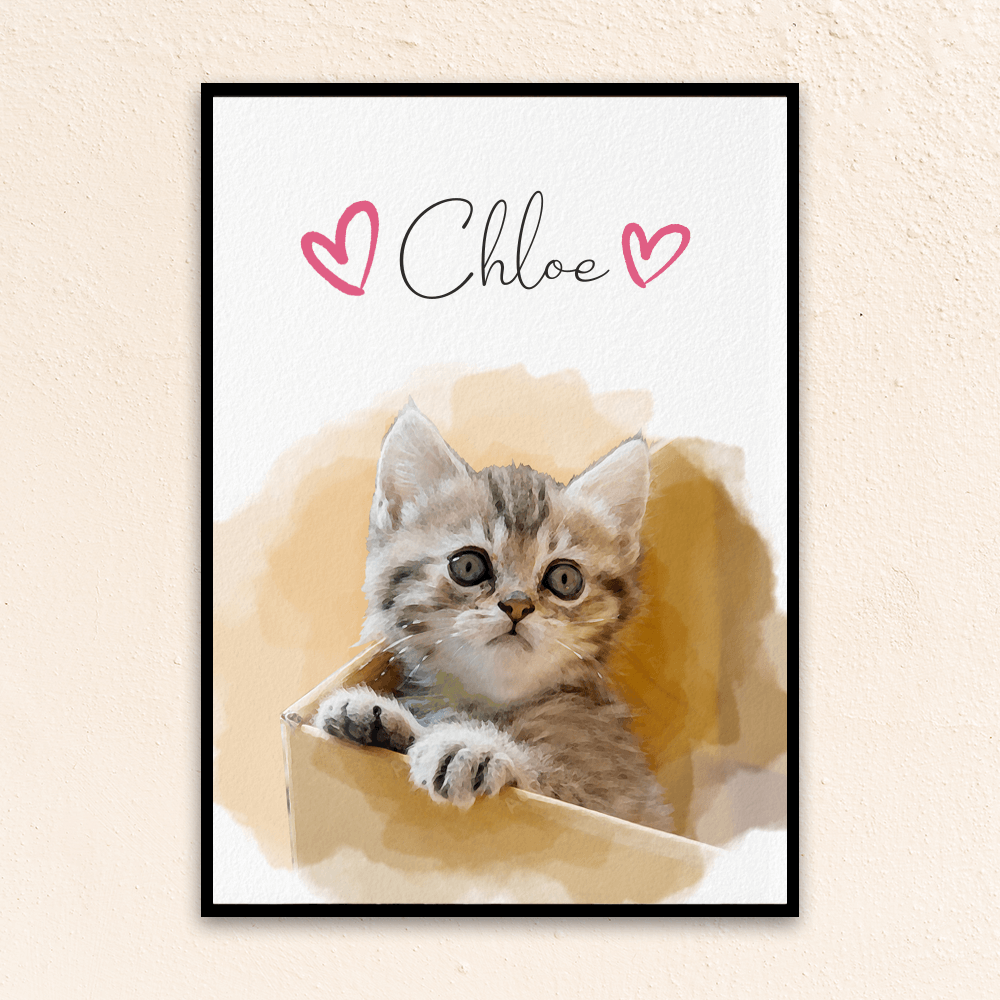 Custom watercolor pet portrait. Tabby kitten in cardboard box. Pet name at the top of the poster. Name has hearts on both side of the name. 