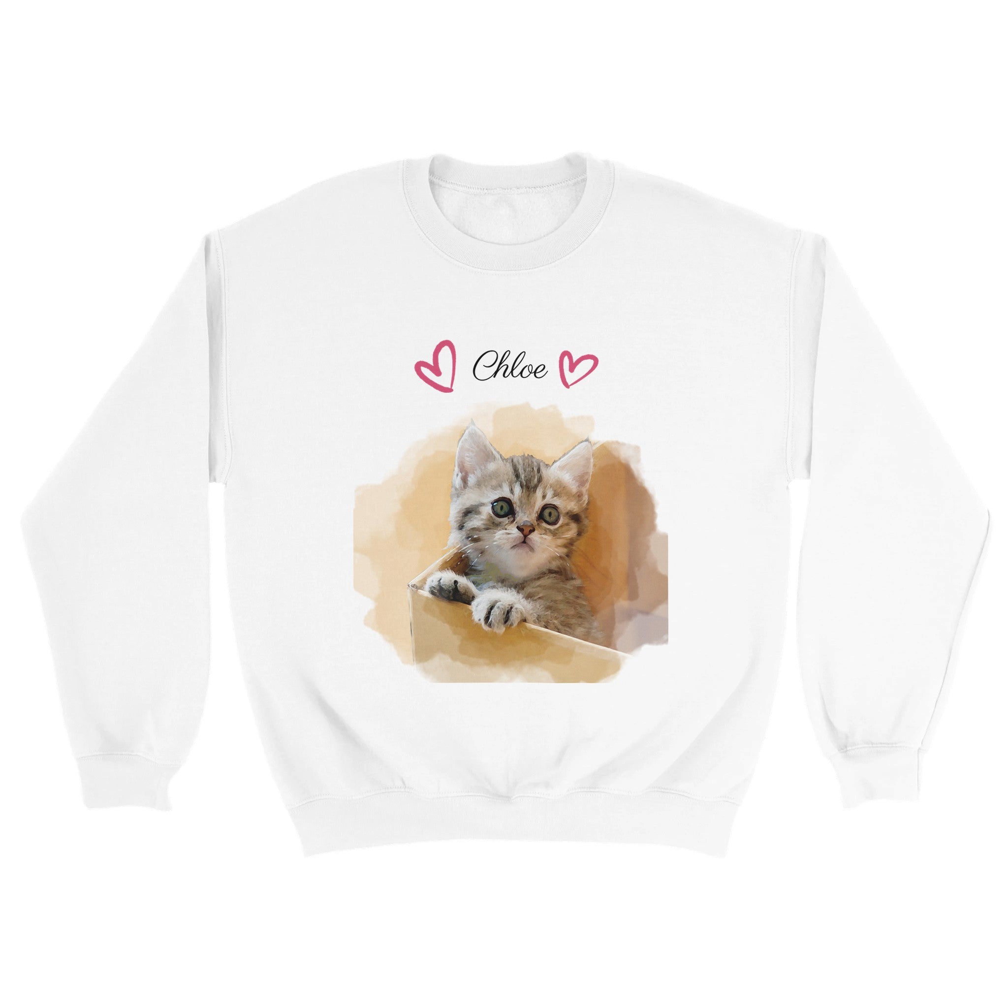Custom watercolor white pet portrait sweatshirt. Tabby kitten in cardboard box. Pet name at the top of sweatshirt. Name has pink hearts on both side of name.