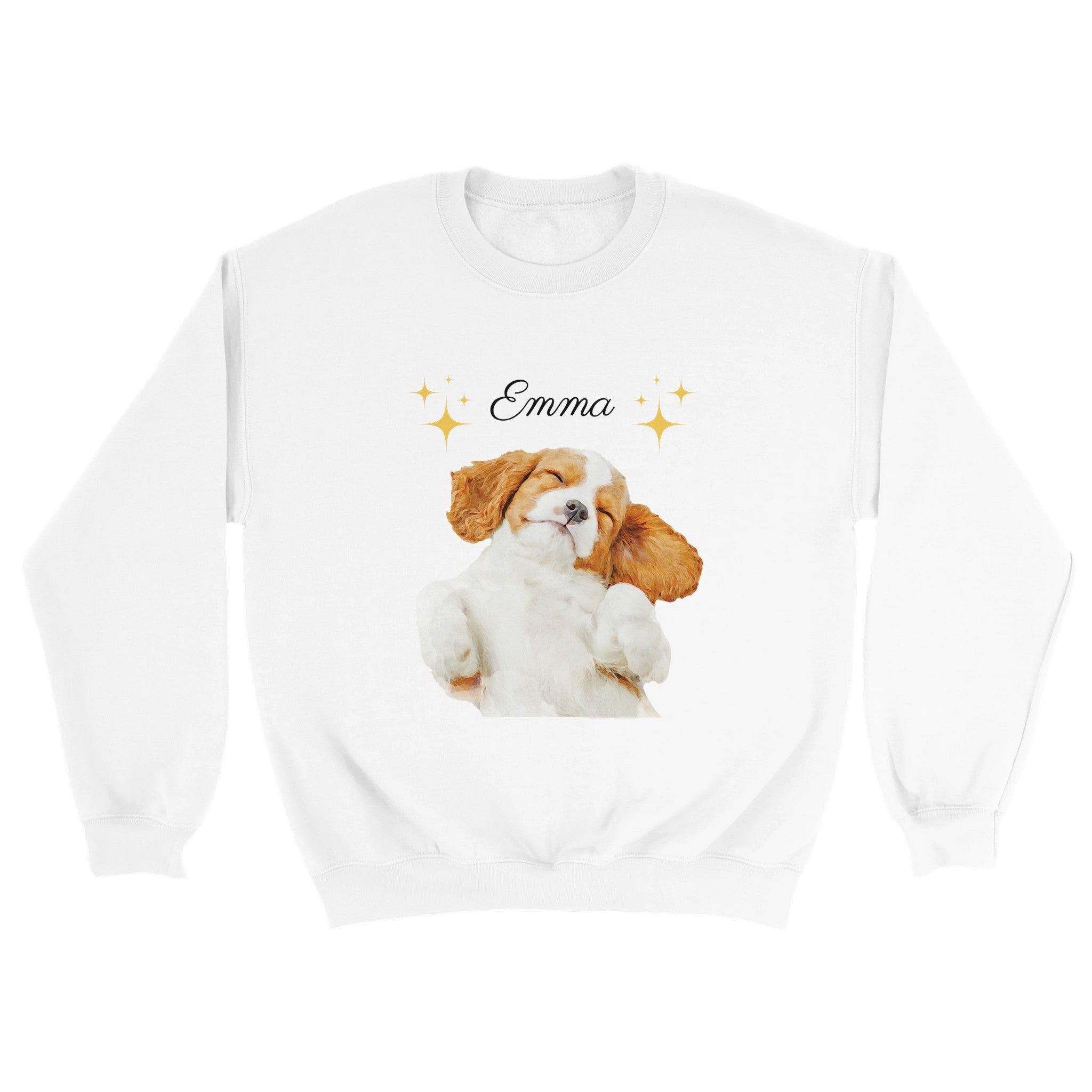 Custom watercolor pet portrait on white sweatshirt. Cavalier King Charles Spaniel with the pet's name above the pet. With stars surrounding pet's name.