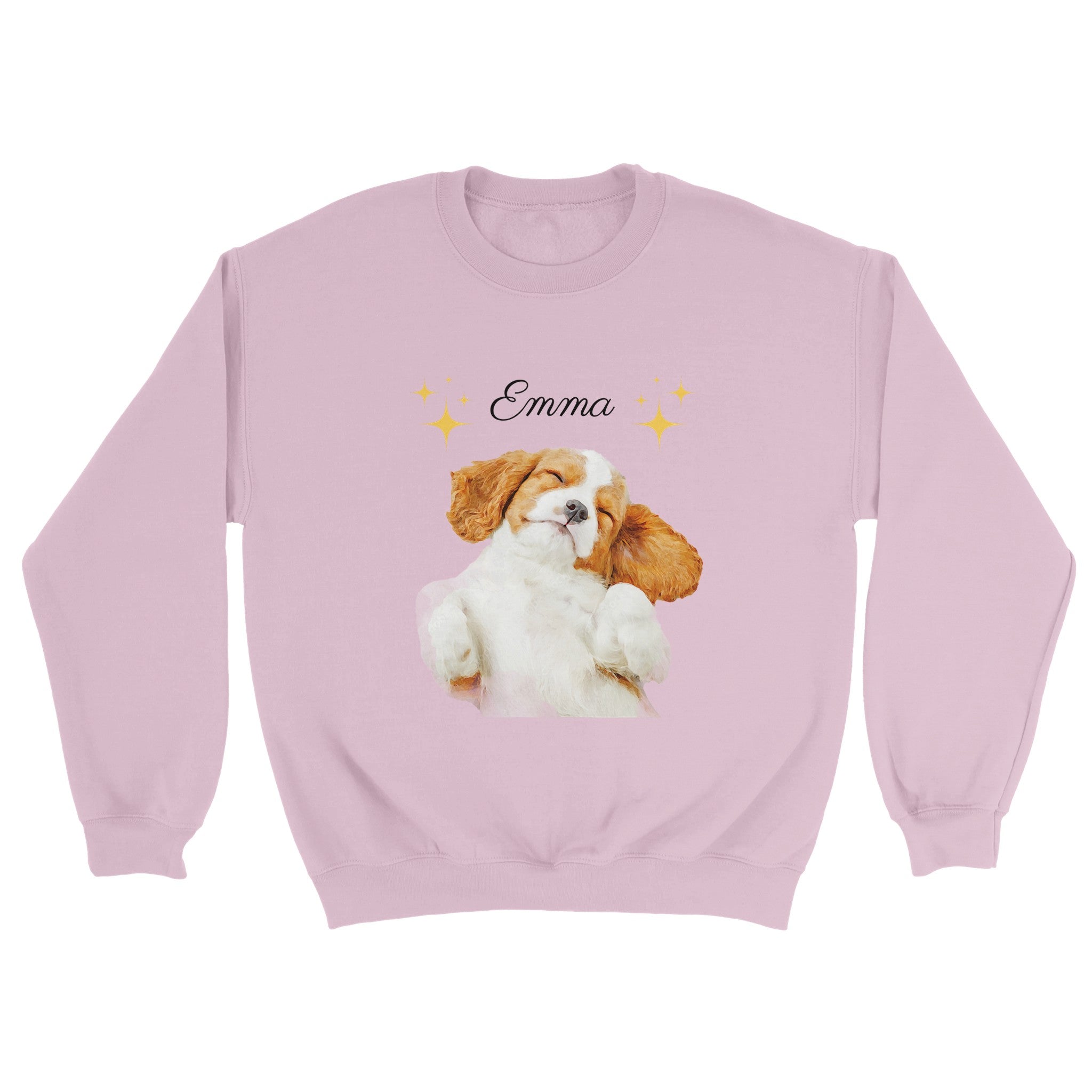 Custom watercolor pet portrait on pink sweatshirt. Cavalier King Charles Spaniel with the pet's name above the pet. With stars surrounding pet's name.