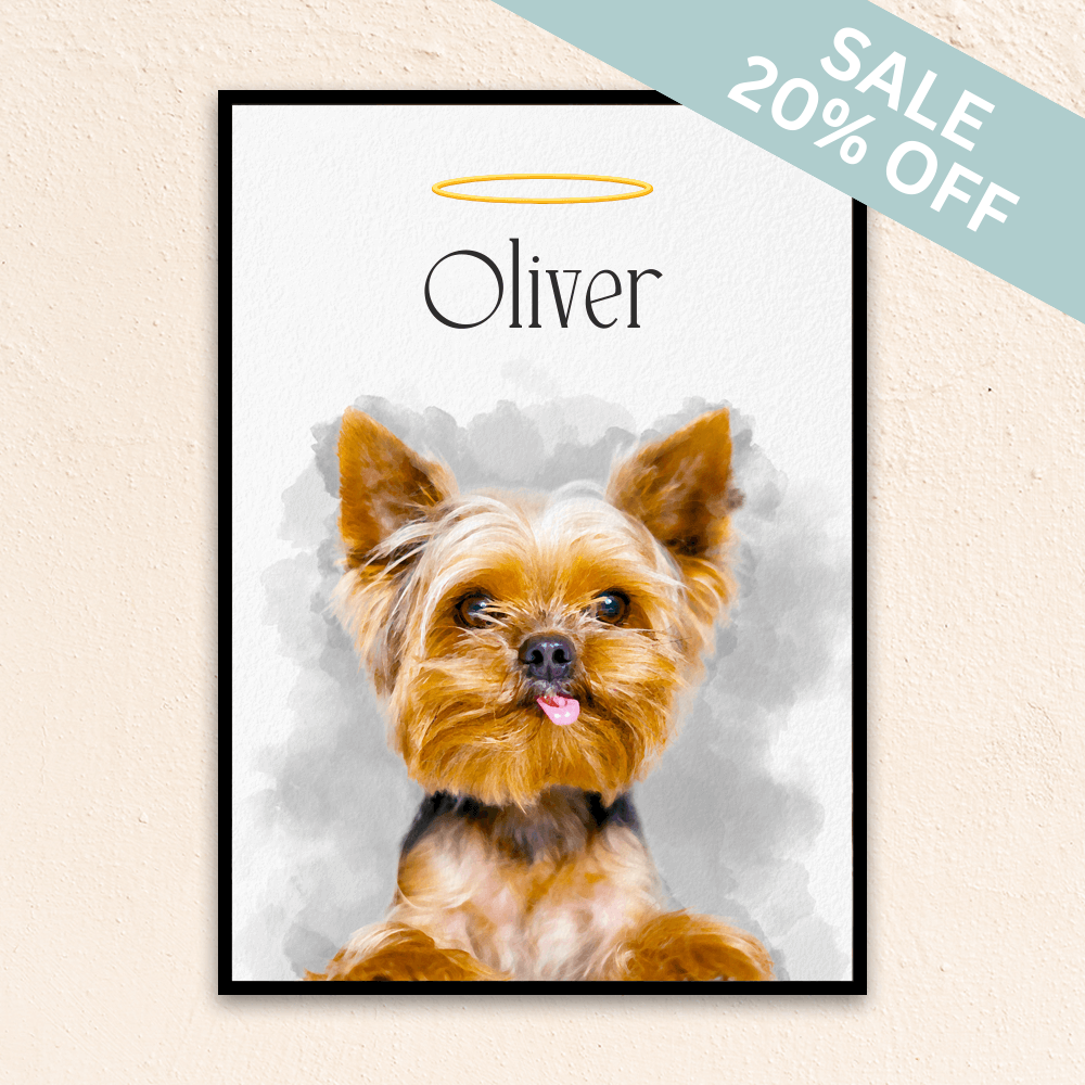 Custom watercolor pet portrait. Yorkie with the pet's name above the pet and a halo above the pet's name.