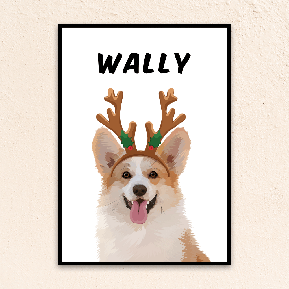 Holiday custom pet portrait wall art. Corgi wearing reindeer antlers. Personalized pet name at top of poster. 