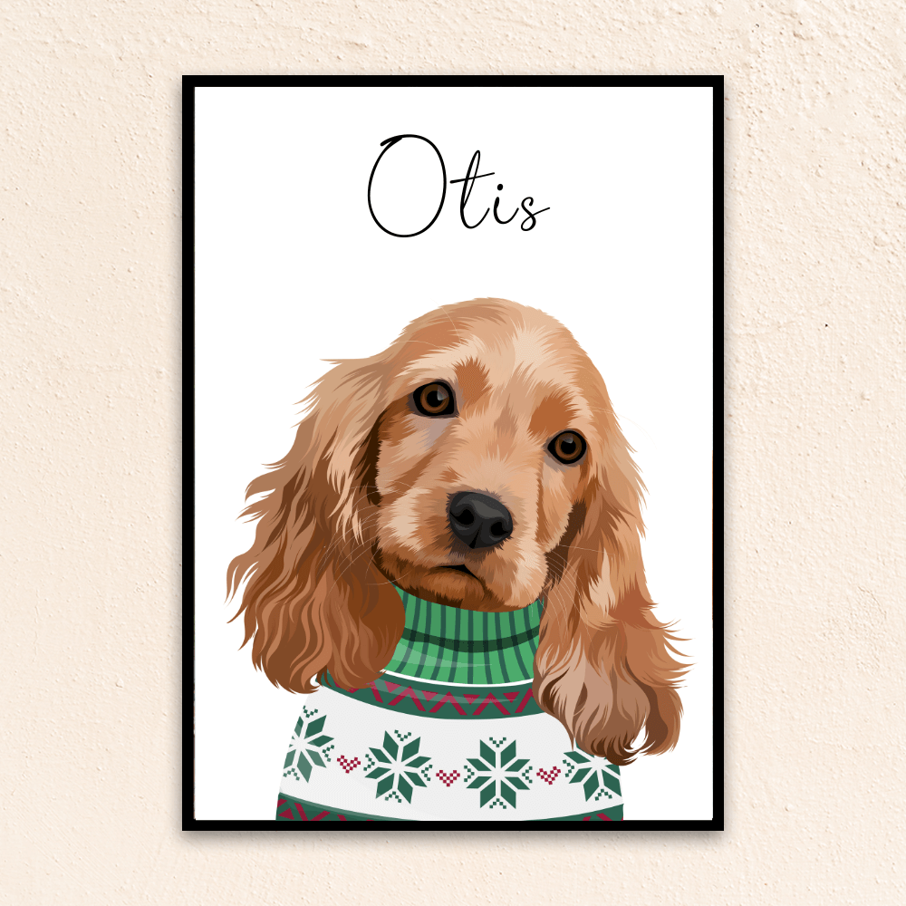 Christmas holiday custom pet portrait. English Cocker Spaniel wearing a green, white and red X-mas sweater. Personalized with pet's name at top of poster. 