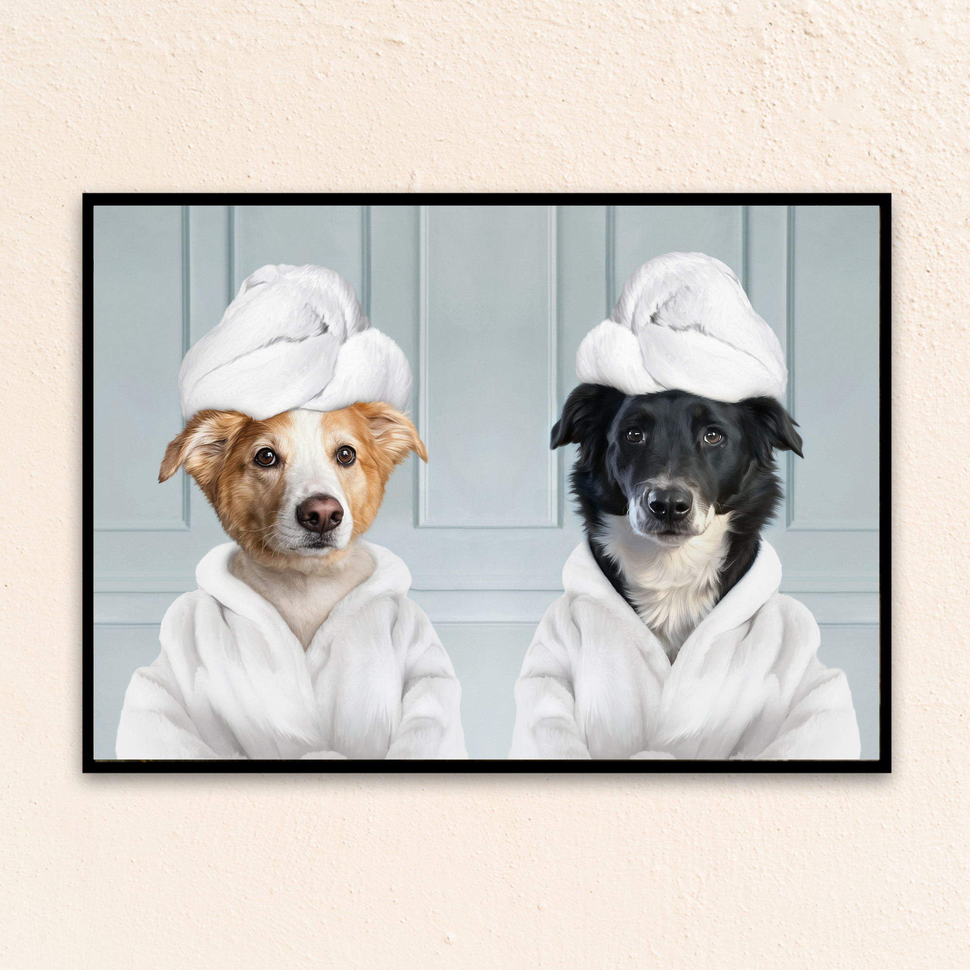 Custom dog bathroom art featuring a portrait of two dogs in bathrobes with towels on heads, framed against a light background.

