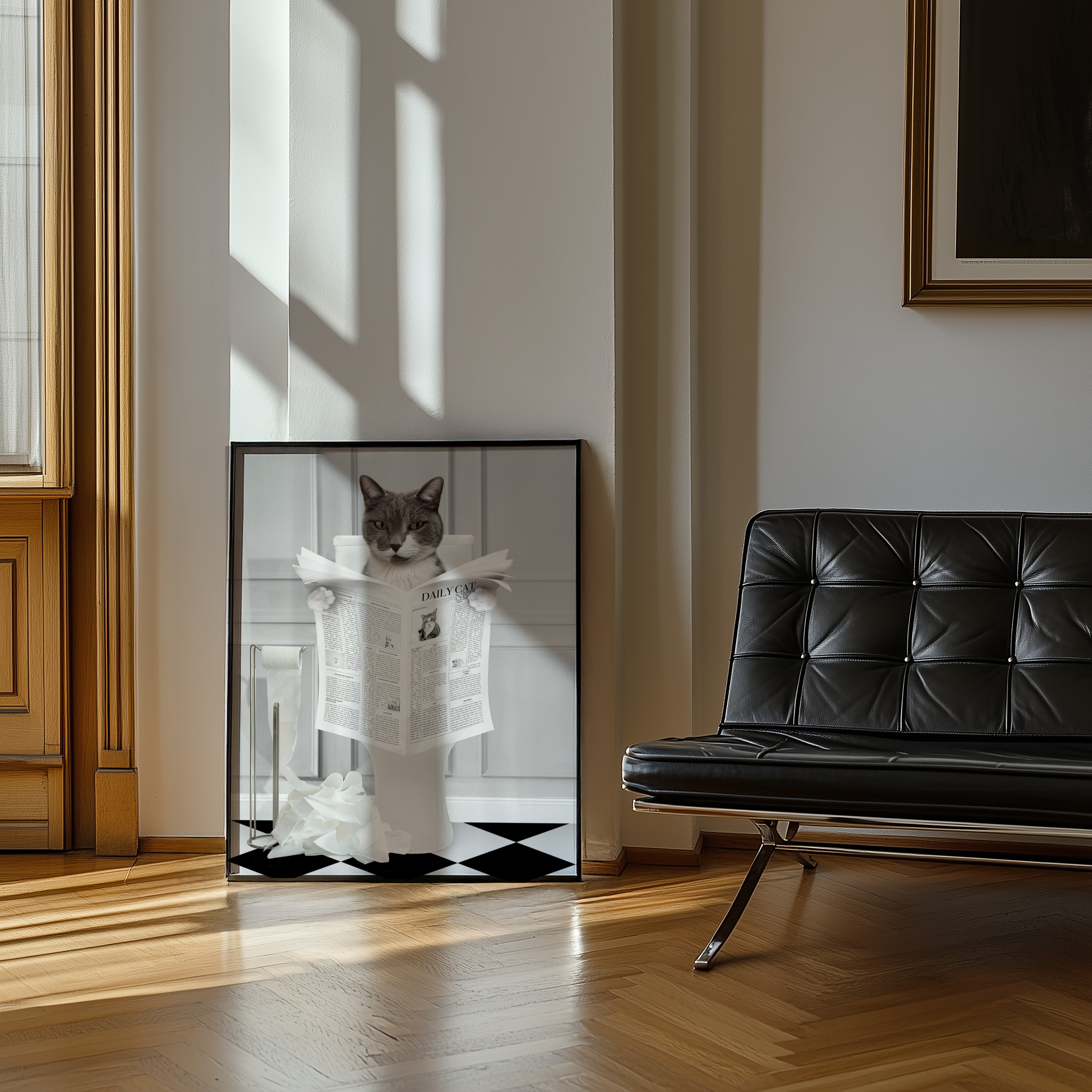 This custom cat bathroom portrait brings a playful twist to a refined setting. The artwork features a cat seated on a toilet with a newspaper in its paws, set against a soft gray background that keeps the scene clean and modern. The black and white tiled floor and scattered toilet paper add to the humor, creating a moment that feels both polished and delightfully unexpected.