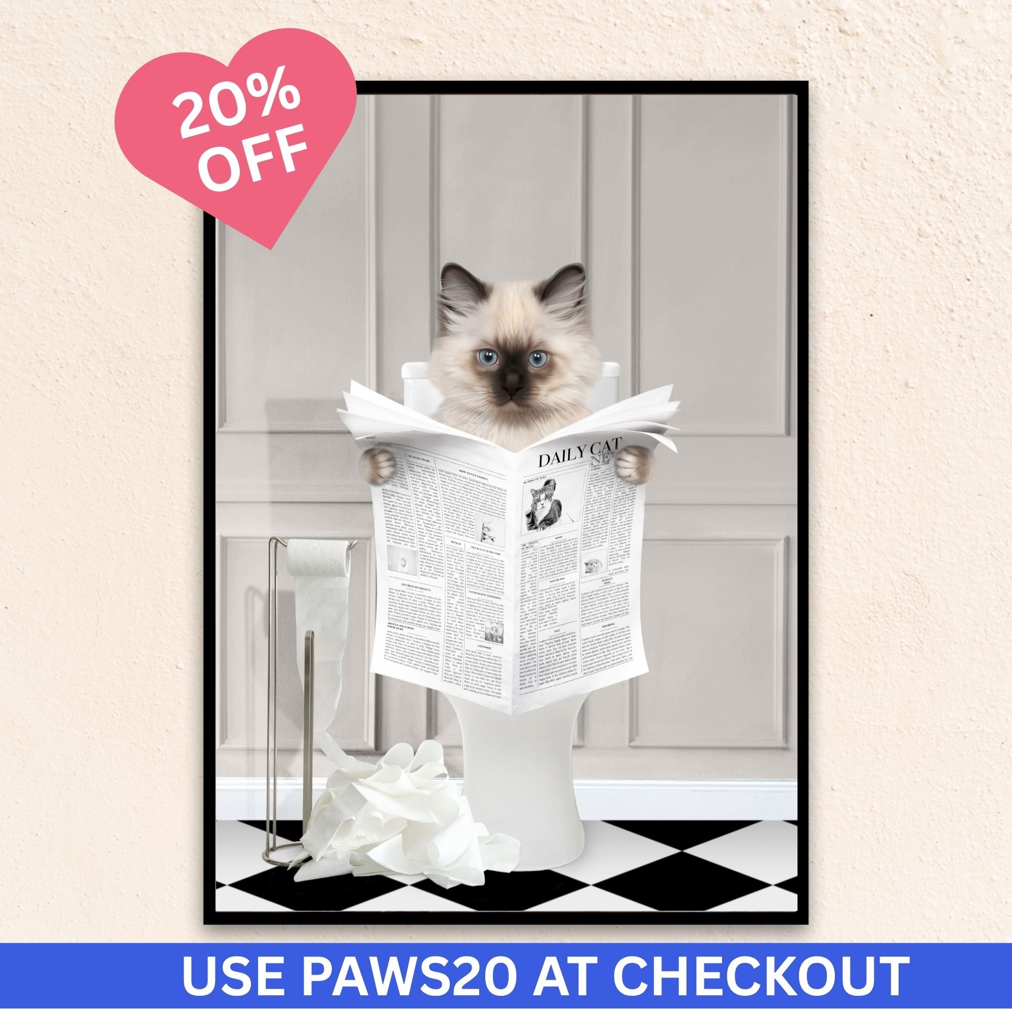 Custom cat bathroom art featuring a portrait of a cat sitting on a toilet holding a newspaper, surrounded by scattered toilet paper on a black and white tiled floor, set against a gray background.