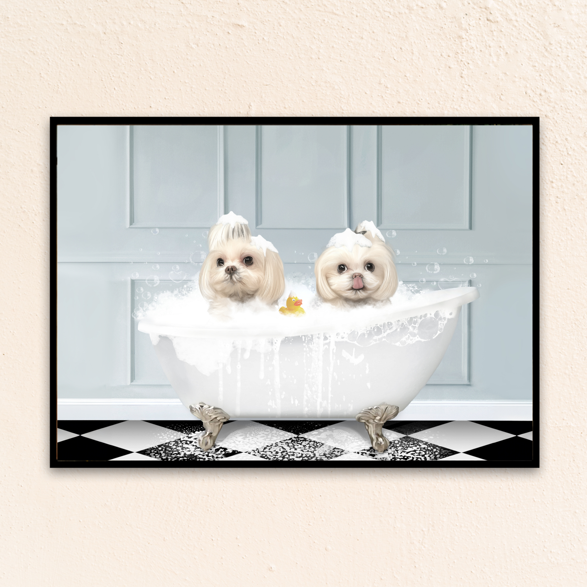 Custom dog bathroom art featuring two small fluffy dogs in a bubble-filled clawfoot tub, styled as a custom dog portrait with a rubber duck and light blue paneled bathroom wall.